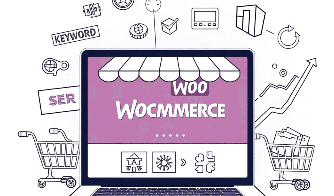 Um desenho em uma linha de um laptop exibindo uma loja WooCommerce, cercado por elementos de SEO como palavras-chave e gráficos de crescimento em u...